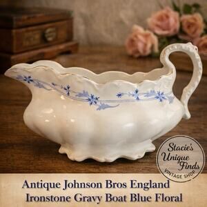 Antique Johnson Bros England Ironstone Gravy Boat Blue Floral